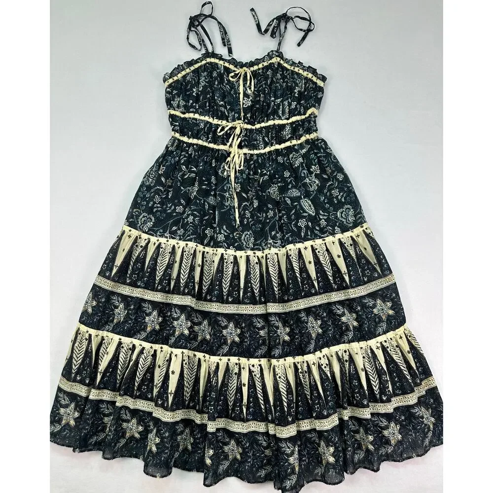 NWT Christian Lacroix Floral Midi Dress Dark Blue Cream Adjustable Straps Size L - Picture 4 of 12